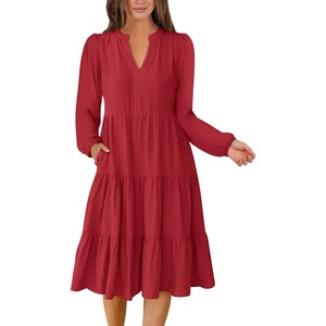 image:imageANRABESS Womens Long Sleeve Midi Dresses  V Neck Swing Tiered Dress Beach Vacation Work Business Casual 2026 Fall Summer Flowy OutfitRed