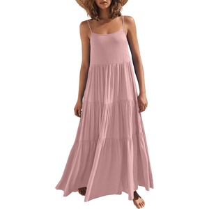 image:imageANRABESS Womens Maxi Dress 2026 Summer Casual Sleeveless Spaghetti Strap Boho Sundress Flowy Tiered Beach Vacation Long DressBright Pink