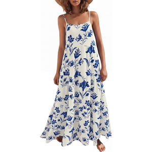 image:imageANRABESS Womens Maxi Dress 2026 Summer Casual Sleeveless Spaghetti Strap Boho Sundress Flowy Tiered Beach Vacation Long DressDark Blue Floral