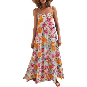 image:imageANRABESS Womens Maxi Dress 2026 Summer Casual Sleeveless Spaghetti Strap Boho Sundress Flowy Tiered Beach Vacation Long DressOrange Pink Floral
