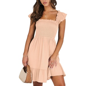 image:imageANRABESS Womens Summer Casual Sleeveless Square Neck Dress 2026 Smocked Ruffle Backless Boho Beach Cute Teen Short SundressApricot