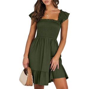 image:imageANRABESS Womens Summer Casual Sleeveless Square Neck Dress 2026 Smocked Ruffle Backless Boho Beach Cute Teen Short SundressArmy Green