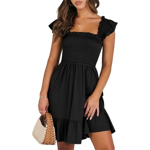 image:imageANRABESS Womens Summer Casual Sleeveless Square Neck Dress 2026 Smocked Ruffle Backless Boho Beach Cute Teen Short SundressBlack