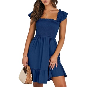 image:imageANRABESS Womens Summer Casual Sleeveless Square Neck Dress 2026 Smocked Ruffle Backless Boho Beach Cute Teen Short SundressDark Sea Blue