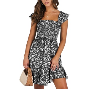 image:imageANRABESS Womens Summer Casual Sleeveless Square Neck Dress 2026 Smocked Ruffle Backless Boho Beach Cute Teen Short SundressFloral Black White