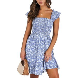 image:imageANRABESS Womens Summer Casual Sleeveless Square Neck Dress 2026 Smocked Ruffle Backless Boho Beach Cute Teen Short SundressFloral Blue White