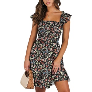 image:imageANRABESS Womens Summer Casual Sleeveless Square Neck Dress 2026 Smocked Ruffle Backless Boho Beach Cute Teen Short SundressFloral Colorful Black