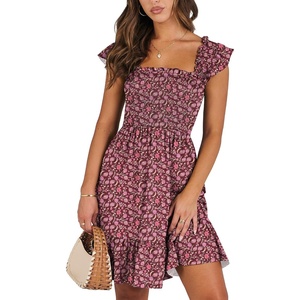 image:imageANRABESS Womens Summer Casual Sleeveless Square Neck Dress 2026 Smocked Ruffle Backless Boho Beach Cute Teen Short SundressFloral Red Pink