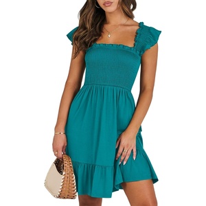 image:imageANRABESS Womens Summer Casual Sleeveless Square Neck Dress 2026 Smocked Ruffle Backless Boho Beach Cute Teen Short SundressLake Green