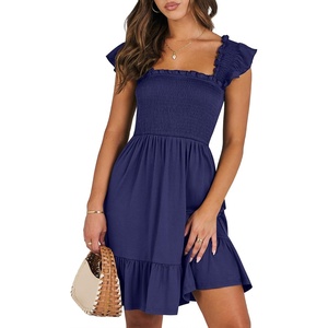 image:imageANRABESS Womens Summer Casual Sleeveless Square Neck Dress 2026 Smocked Ruffle Backless Boho Beach Cute Teen Short SundressNavy Blue