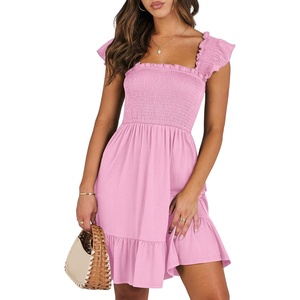 image:imageANRABESS Womens Summer Casual Sleeveless Square Neck Dress 2026 Smocked Ruffle Backless Boho Beach Cute Teen Short SundressPink