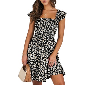 image:imageANRABESS Womens Summer Casual Sleeveless Square Neck Dress 2026 Smocked Ruffle Backless Boho Beach Cute Teen Short SundressPrint Floral Black