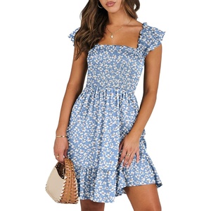 image:imageANRABESS Womens Summer Casual Sleeveless Square Neck Dress 2026 Smocked Ruffle Backless Boho Beach Cute Teen Short SundressPrint Floral Blue