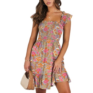 image:imageANRABESS Womens Summer Casual Sleeveless Square Neck Dress 2026 Smocked Ruffle Backless Boho Beach Cute Teen Short SundressPrint Floral Colour