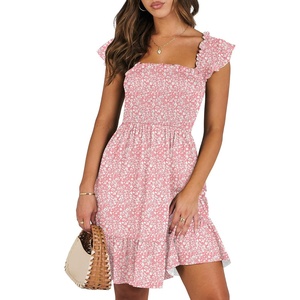 image:imageANRABESS Womens Summer Casual Sleeveless Square Neck Dress 2026 Smocked Ruffle Backless Boho Beach Cute Teen Short SundressPrint Floral Pink