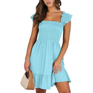 image:imageANRABESS Womens Summer Casual Sleeveless Square Neck Dress 2026 Smocked Ruffle Backless Boho Beach Cute Teen Short SundressSky Blue
