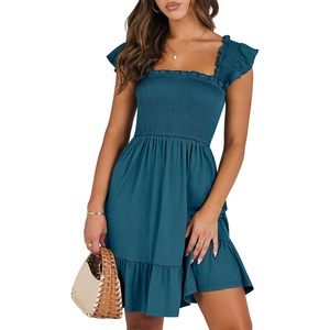 image:imageANRABESS Womens Summer Casual Sleeveless Square Neck Dress 2026 Smocked Ruffle Backless Boho Beach Cute Teen Short SundressTile Blue