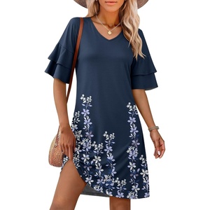 image:imageANRABESS Womens Summer Dresses 2026 Ruffle Sleeve V Neck Casual A Line Tshirt Mini Dress Beach Vacation Clothes with PocketsFloral Navy Blue Hem