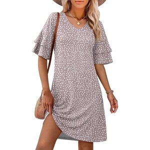 image:imageANRABESS Womens Summer Dresses 2026 Ruffle Sleeve V Neck Casual A Line Tshirt Mini Dress Beach Vacation Clothes with PocketsKhaki Polka Dot