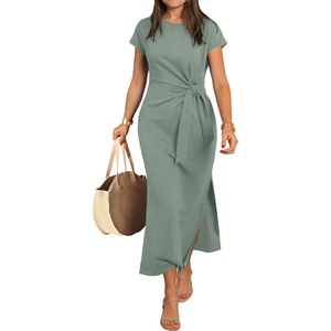 image:imageANRABESS Womens Summer Maxi Dress Casual Crew Neck Tie Waist Split WrinkleFree Fit Long Fashion Vacation Dresses 2026 SpringLight Green