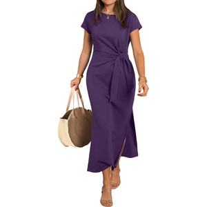 image:imageANRABESS Womens Summer Maxi Dress Casual Crew Neck Tie Waist Split WrinkleFree Fit Long Fashion Vacation Dresses 2026 SpringPurple