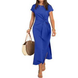image:imageANRABESS Womens Summer Maxi Dress Casual Crew Neck Tie Waist Split WrinkleFree Fit Long Fashion Vacation Dresses 2026 SpringRoyal Blue
