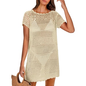 image:imageANRABESS Womens Swimsuit Cover Ups Mesh Knit Crochet Hollow Out Bathing Suit for Summer Vacation Beach SwimwearBeige