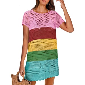 image:imageANRABESS Womens Swimsuit Cover Ups Mesh Knit Crochet Hollow Out Bathing Suit for Summer Vacation Beach SwimwearStripe Rainbow