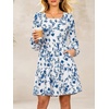 image:imageANRABESS Womens Long Sleeve Square Neck Short Dress  Casual Flowy Tiered ALine with PocketsFloralampSolidampStripedFall OutfitsSoft lightweightCute for Work Party Everyday WearBlue White Floral