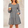 image:imageANRABESS Womens Long Sleeve Square Neck Short Dress  Casual Flowy Tiered ALine with PocketsFloralampSolidampStripedFall OutfitsSoft lightweightCute for Work Party Everyday WearBlack White Stripe