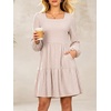 image:imageANRABESS Womens Long Sleeve Square Neck Short Dress  Casual Flowy Tiered ALine with PocketsFloralampSolidampStripedFall OutfitsSoft lightweightCute for Work Party Everyday WearPink Stripe
