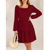 image:imageANRABESS Womens Long Sleeve Square Neck Short Dress  Casual Flowy Tiered ALine with PocketsFloralampSolidampStripedFall OutfitsSoft lightweightCute for Work Party Everyday WearBurgundy