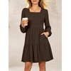 image:imageANRABESS Womens Long Sleeve Square Neck Short Dress  Casual Flowy Tiered ALine with PocketsFloralampSolidampStripedFall OutfitsSoft lightweightCute for Work Party Everyday WearCoffee