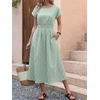 image:imageANRABESS Womens Summer Midi Dress Striped Casual Short Sleeve Crewneck Elastic Waist 2026 Flowy Long Beach Dress with PocketsGreen Gingham