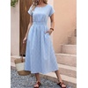 image:imageANRABESS Womens Summer Midi Dress Striped Casual Short Sleeve Crewneck Elastic Waist 2026 Flowy Long Beach Dress with PocketsLight Blue Gingham