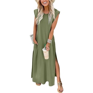 image:imageANRABESS Summer Dress for Women 2026 Maxi Sundresses Casual Cap Sleeve Crew Neck Loose Split Beach Travel Vacation ClothesArmy Green