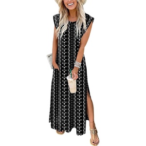 image:imageANRABESS Summer Dress for Women 2026 Maxi Sundresses Casual Cap Sleeve Crew Neck Loose Split Beach Travel Vacation ClothesBoho Black