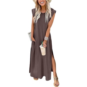 image:imageANRABESS Summer Dress for Women 2026 Maxi Sundresses Casual Cap Sleeve Crew Neck Loose Split Beach Travel Vacation ClothesCoffee