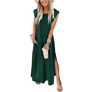 image:imageANRABESS Summer Dress for Women 2026 Maxi Sundresses Casual Cap Sleeve Crew Neck Loose Split Beach Travel Vacation ClothesDeep Green