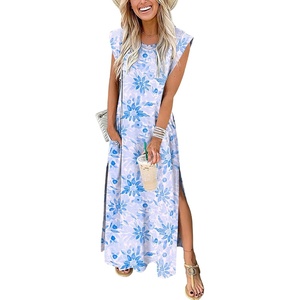 image:imageANRABESS Summer Dress for Women 2026 Maxi Sundresses Casual Cap Sleeve Crew Neck Loose Split Beach Travel Vacation ClothesFloral Blue