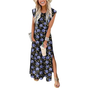 image:imageANRABESS Summer Dress for Women 2026 Maxi Sundresses Casual Cap Sleeve Crew Neck Loose Split Beach Travel Vacation ClothesFloral Blue Roses