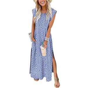 image:imageANRABESS Summer Dress for Women 2026 Maxi Sundresses Casual Cap Sleeve Crew Neck Loose Split Beach Travel Vacation ClothesFloral Blue White