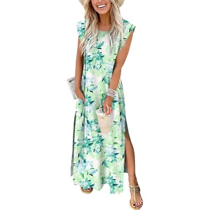 image:imageANRABESS Summer Dress for Women 2026 Maxi Sundresses Casual Cap Sleeve Crew Neck Loose Split Beach Travel Vacation ClothesFloral Green
