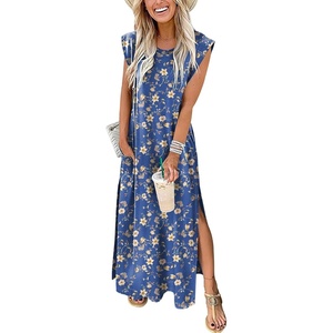image:imageANRABESS Summer Dress for Women 2026 Maxi Sundresses Casual Cap Sleeve Crew Neck Loose Split Beach Travel Vacation ClothesFloral Light Blue