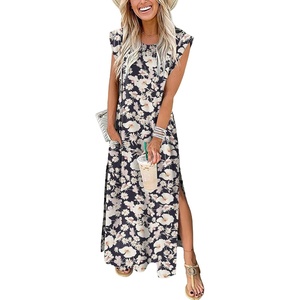 image:imageANRABESS Summer Dress for Women 2026 Maxi Sundresses Casual Cap Sleeve Crew Neck Loose Split Beach Travel Vacation ClothesFloral Navy