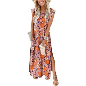 image:imageANRABESS Summer Dress for Women 2026 Maxi Sundresses Casual Cap Sleeve Crew Neck Loose Split Beach Travel Vacation ClothesFloral Orange Pink