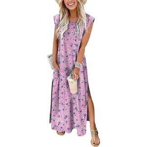 image:imageANRABESS Summer Dress for Women 2026 Maxi Sundresses Casual Cap Sleeve Crew Neck Loose Split Beach Travel Vacation ClothesFloral Purple Pink
