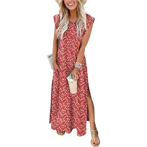 image:imageANRABESS Summer Dress for Women 2026 Maxi Sundresses Casual Cap Sleeve Crew Neck Loose Split Beach Travel Vacation ClothesFloral Red