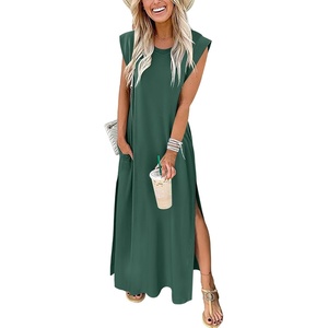 image:imageANRABESS Summer Dress for Women 2026 Maxi Sundresses Casual Cap Sleeve Crew Neck Loose Split Beach Travel Vacation ClothesForest Green