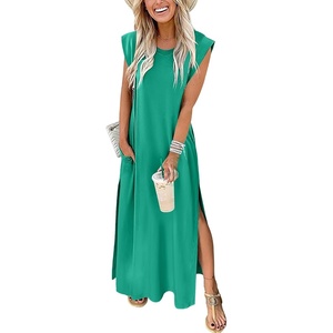 image:imageANRABESS Summer Dress for Women 2026 Maxi Sundresses Casual Cap Sleeve Crew Neck Loose Split Beach Travel Vacation ClothesGreen